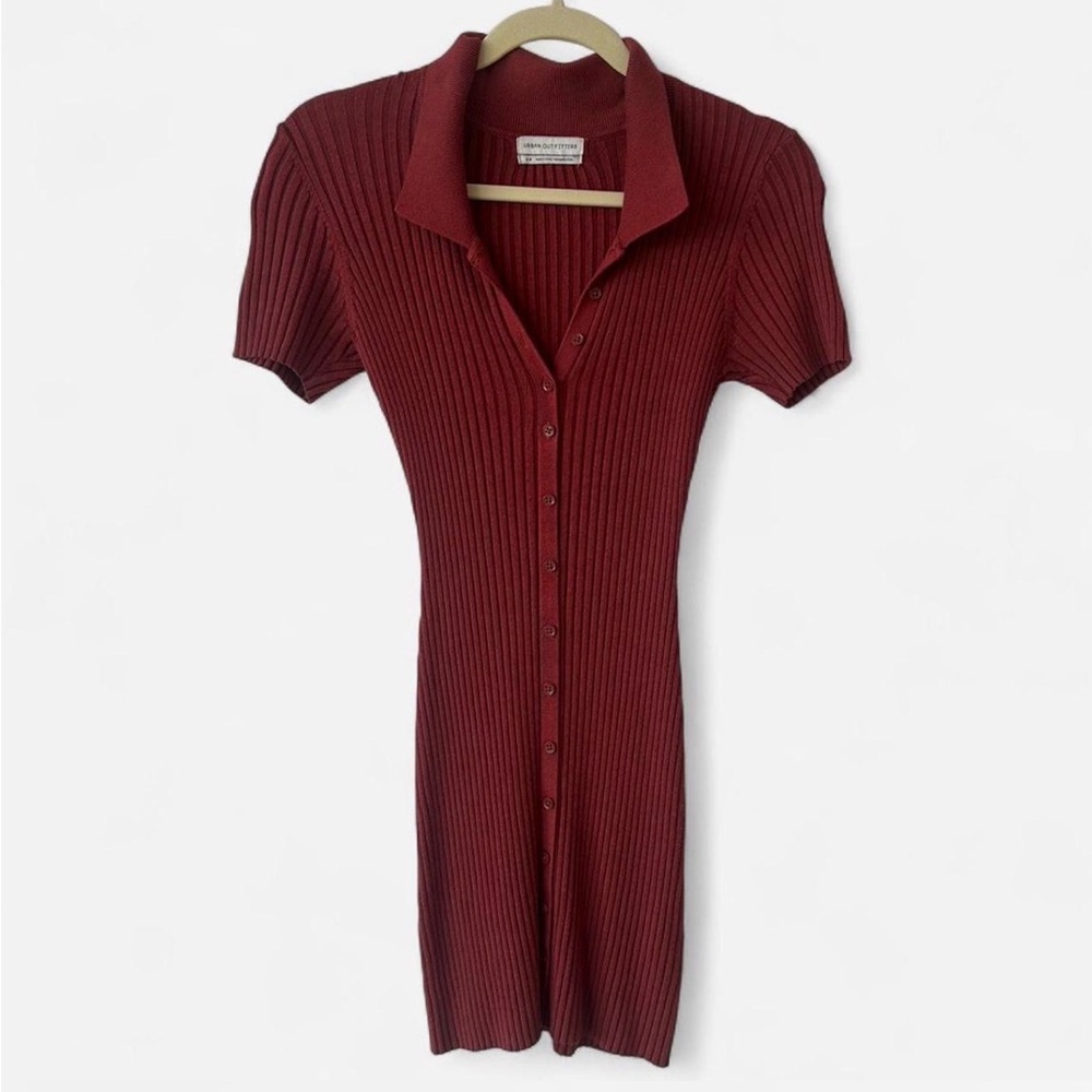Red Ribbed Button-Up Dress